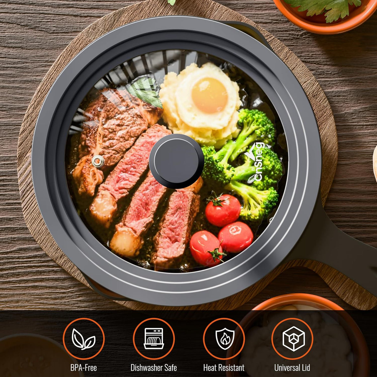 Universal Lids for Pots, Pans and Skillets, 7", 8" and 9" Pan Lid, Tempered Glass Pot Lid with Silicone Rim Heat Resistant, Replacement Pan Cover for Frying, Cookware & Bakeware Lids, Grey