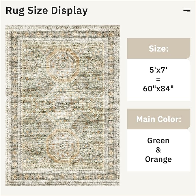 5x7 Area Rugs Green Orange Low Pile Indoor Washable Trendy Faded Style Rugs - Image 5