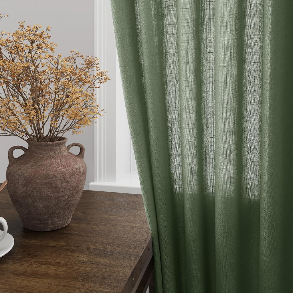 Olive Green Linen Curtains 84 Inches Long for Living Room Back Tab Light Filtering Privacy Semi Sheer Curtains Modern Farmhouse Decor Olive Green Curtain for Bedroom 2 Panels 52x84