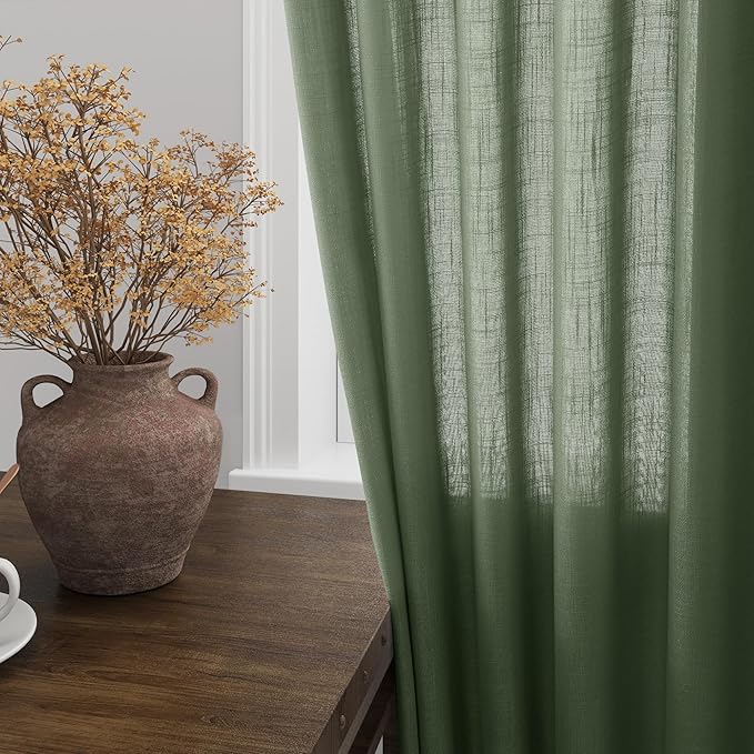 Olive Green Large Window Curtains Light Filtering Semi Sheer Privacy Linen - Image 2