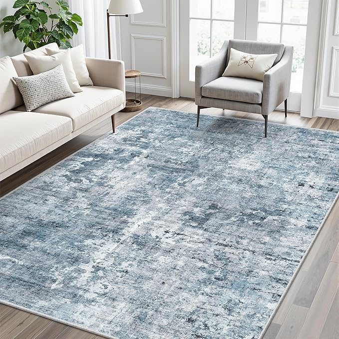 Abstract Rug 5x7 Machine Washable Area Indoor Blue Low Pile Non-Slip Foldable - Image 2