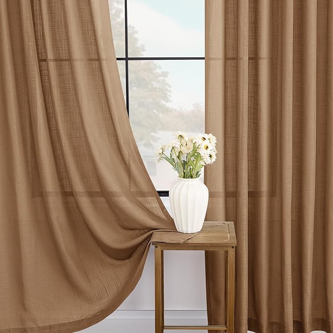 Brown Curtains for Living Room Back Tab Modern Farmhouse Semi Sheer Brown - Image 4