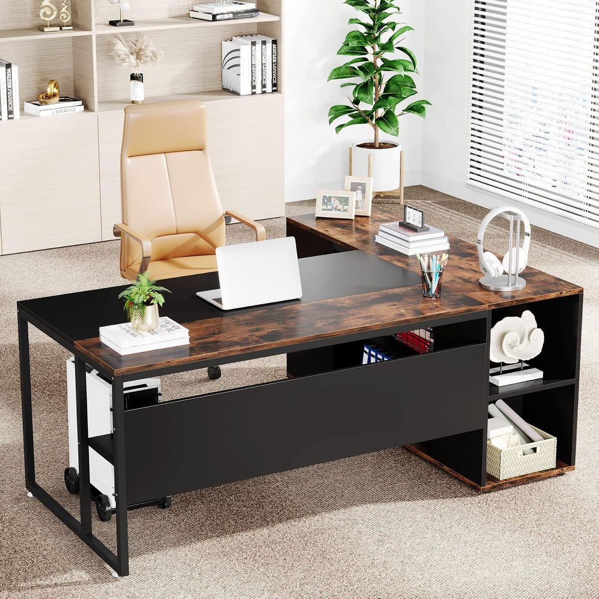 Tribesigns 71 inch Executive Desk, L Shaped Desk with Cabinet Storage