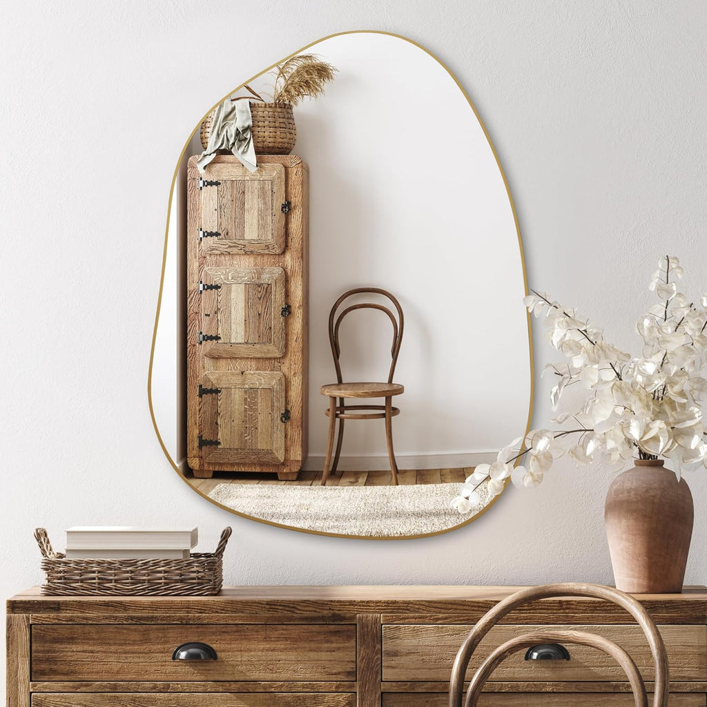 PERFNIQUE Irregular Asymmetrical Wall Mirror, 32"x24" Gold Bathroom Mirror