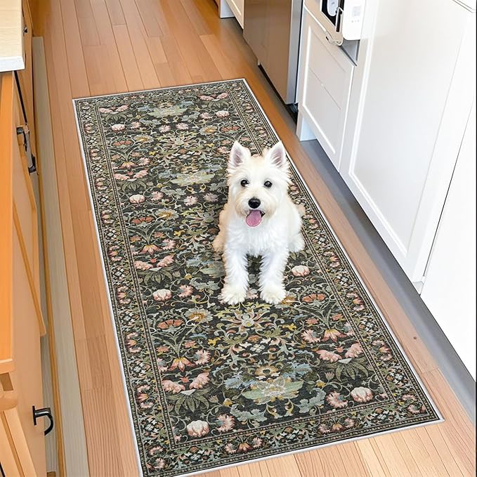 Hallway 2x5 Washable Runner Rug: Oriental Floral Stain Resistant Rug by HYHAOYUNLAI