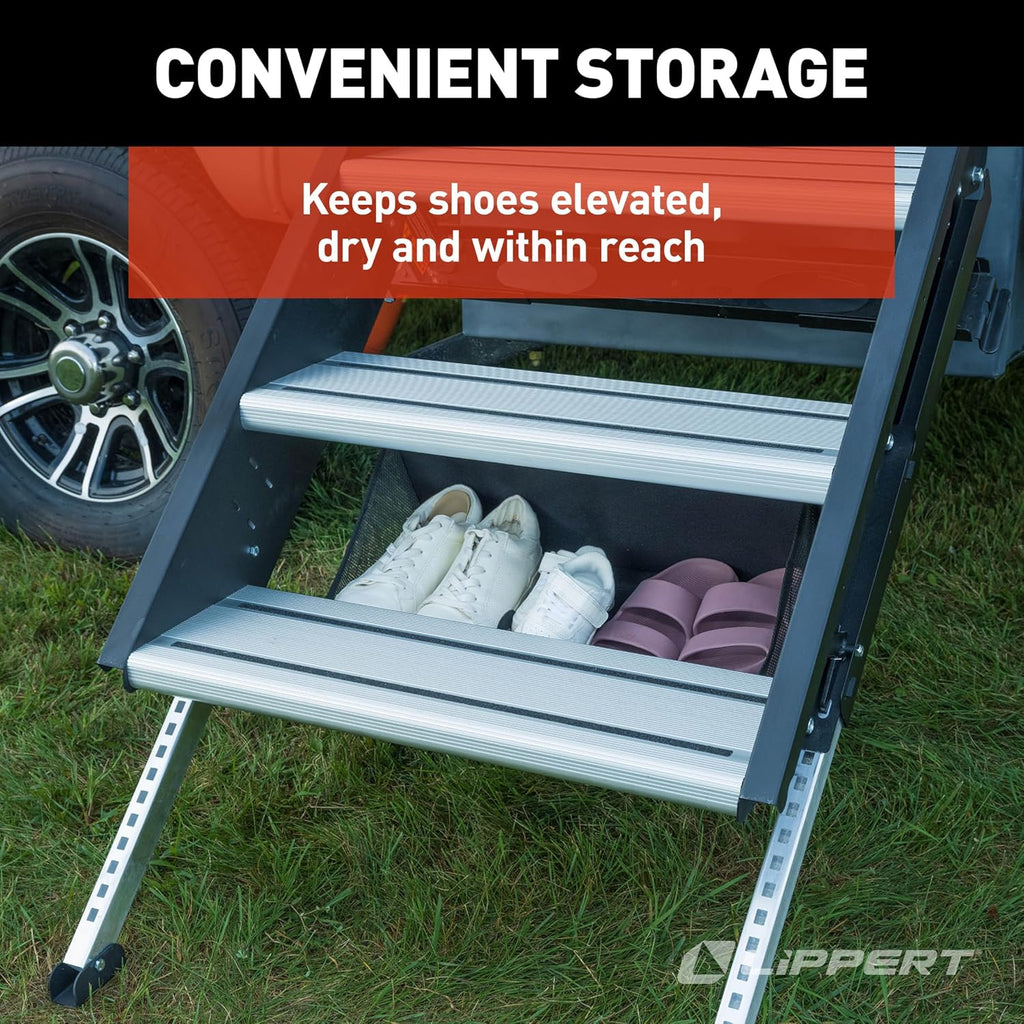Lippert Solid Step RV Shoe Storage Organizer for Triple and Quad Step Assemblies with All-Weather Mesh Fabric, Easy DIY Install, (4) Extra Clips - 2025008967