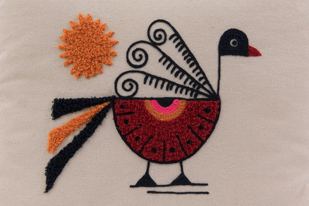 Bloomingville Square Cotton Pillow with Embroidered Peacock, Orange Sun & Corner Tassels