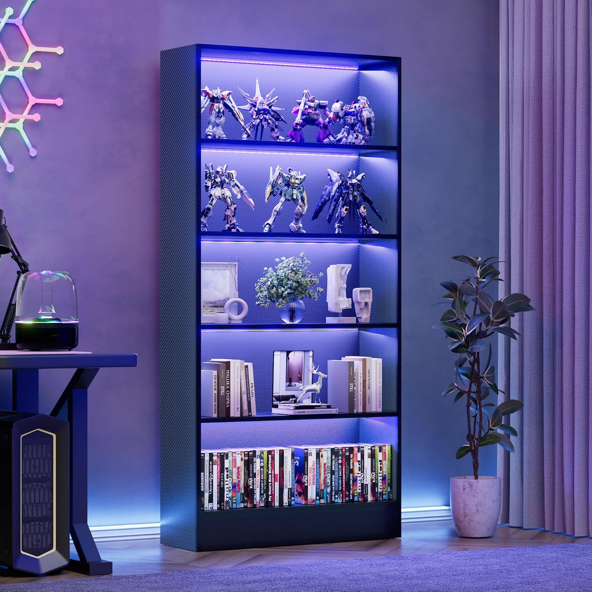 CODACE Tall Wooden 5-Tier Black Bookshelf - Display Cabinet with LED Lights
