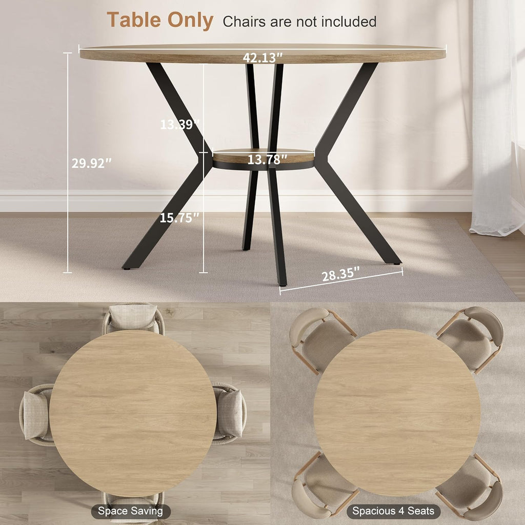 MECHYIN 42'' Round Dining Table for 2–4, Farmhouse Round Kitchen Table with Storage Shelf, Pedestal Dinner Table, Wood Top & Metal Base, Small Space Table for Apartment, Dining Room, Light Oak