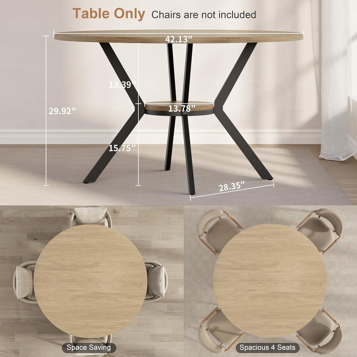 MECHYIN 42'' Round Dining Table for 2–4, Farmhouse Round Kitchen Table with Storage Shelf, Pedestal Dinner Table, Wood Top & Metal Base, Small Space Table for Apartment, Dining Room, Light Oak