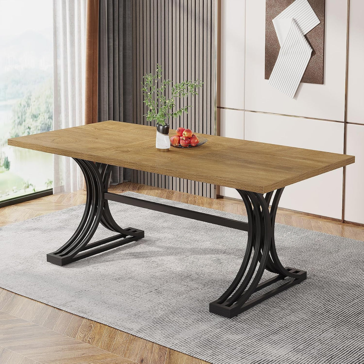 Tribesigns 63-Inch Rectangular Dining Table for 4 to 6, Modern Kitchen Table with Stylish Metal Trestle Legs, Large Dinner Table for Dining Room, Chair Not Included (Brown+Black)