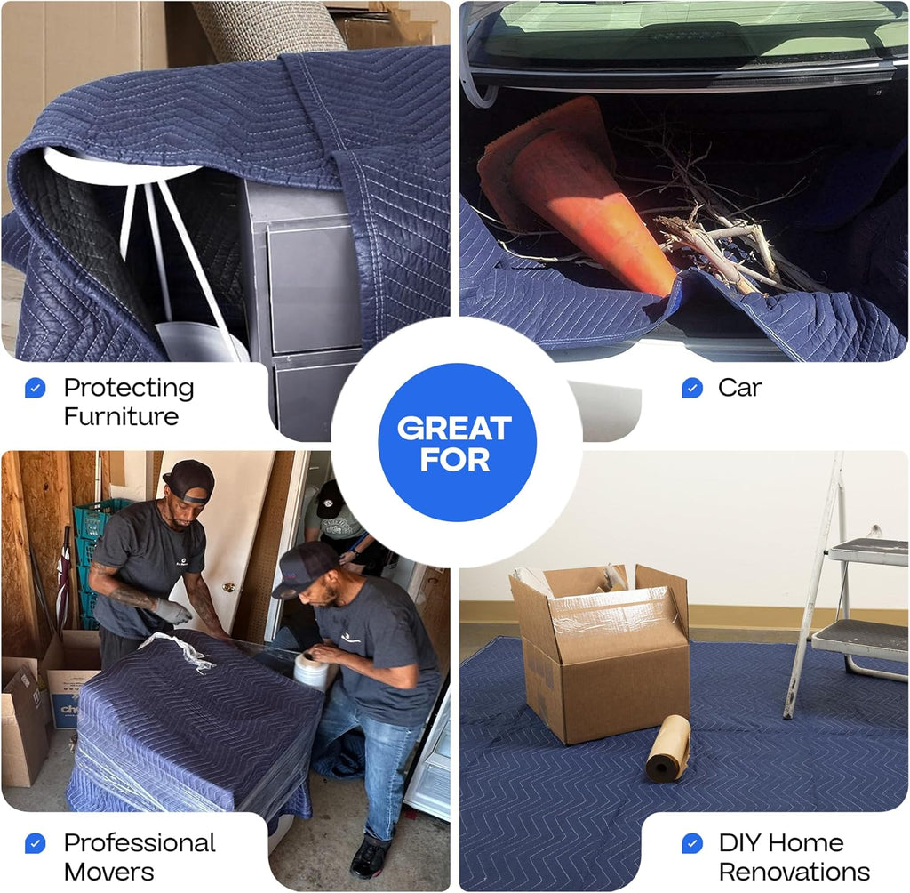 Large Moving Blanket 80" x 72", Blue/Black Color (Pack of 3) - Heavy-Duty Furniture Pad for Moving & Wrapping - Thick Packing Blanket for Furniture Protection - Padded Mover Cover by IDL Packaging
