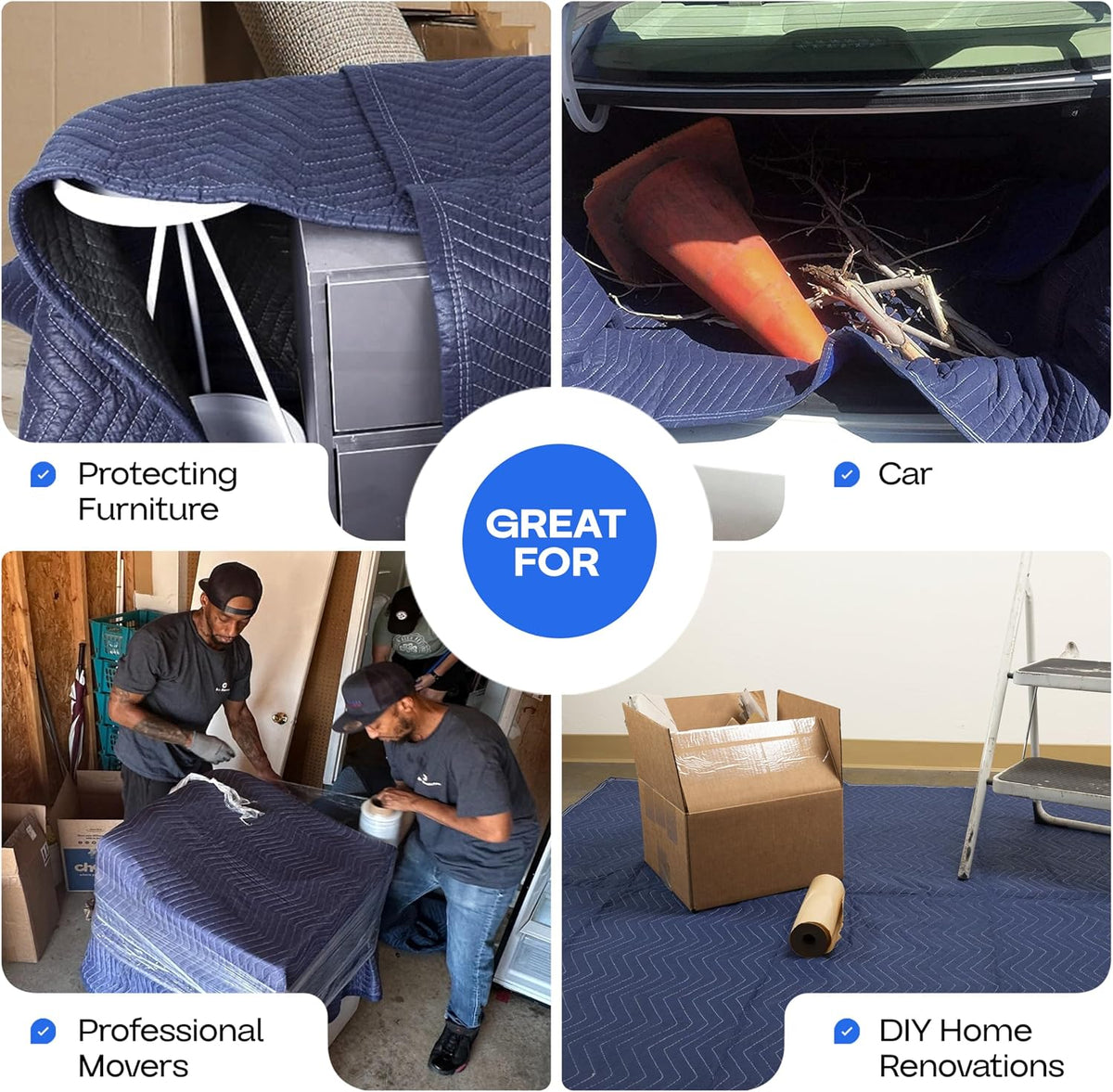 Large Moving Blanket 80" x 72", Blue/Black Color (Pack of 3) - Heavy-Duty Furniture Pad for Moving & Wrapping - Thick Packing Blanket for Furniture Protection - Padded Mover Cover by IDL Packaging