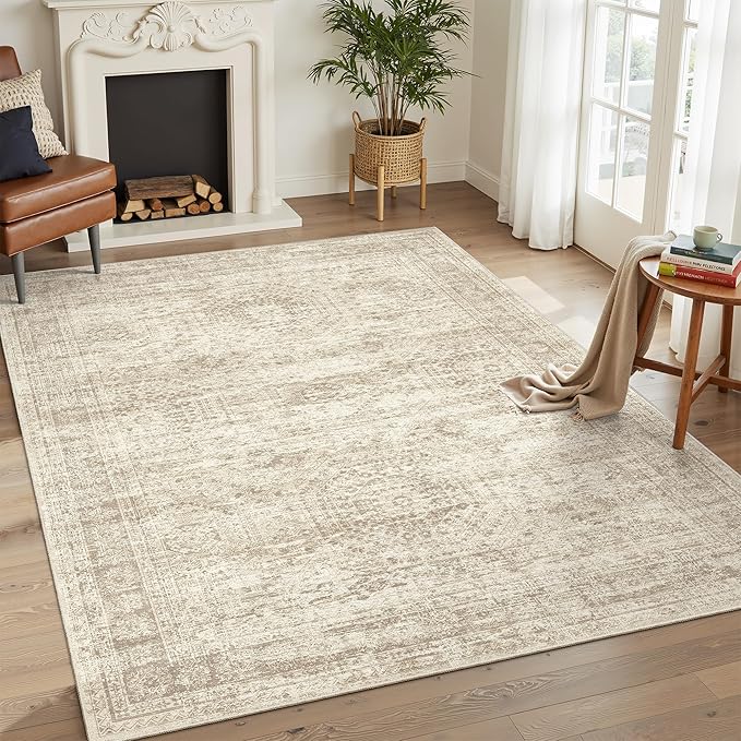 5x7 Area Rugs Beige Low Pile Indoor Washable Trendy Faded Style Rugs - Image 10