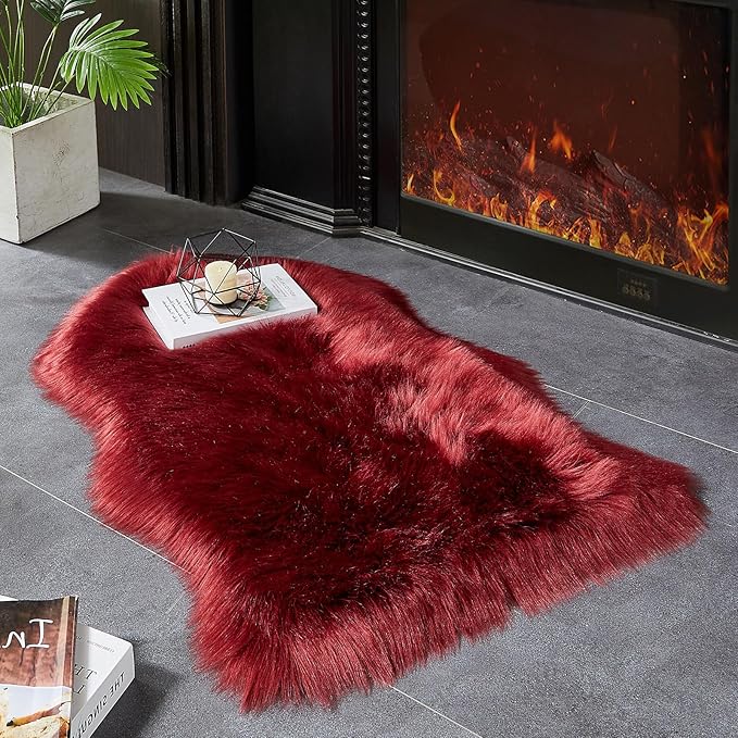 AMTOVO Faux Fur Rug, Burgundy Small Area Rug, Fluffy Sheepskin Rug, Fuzzy Ultra - Image 2