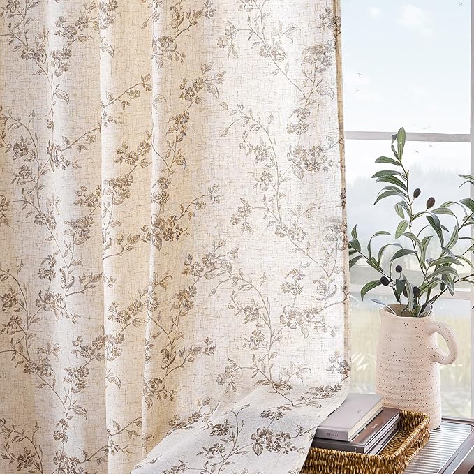 Lazzzy Taupe Floral Linen Curtains 96 Inch Farmhouse Back Tab Drapes - Image 5