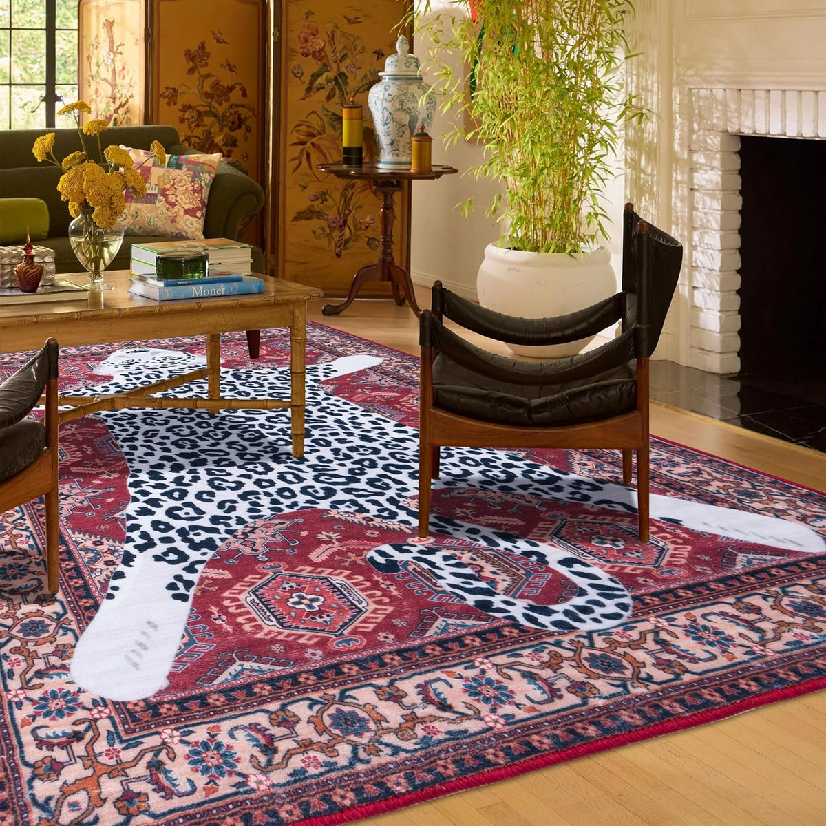 Oriental Leopard Rug 8x10 ft Washable Traditional Red Area Rugs for Bedroom Living Room, Dining Room Under Kitchen Table, Soft Non Slip Thin Rug Carpet (Red Leopard, 10X8 FT)