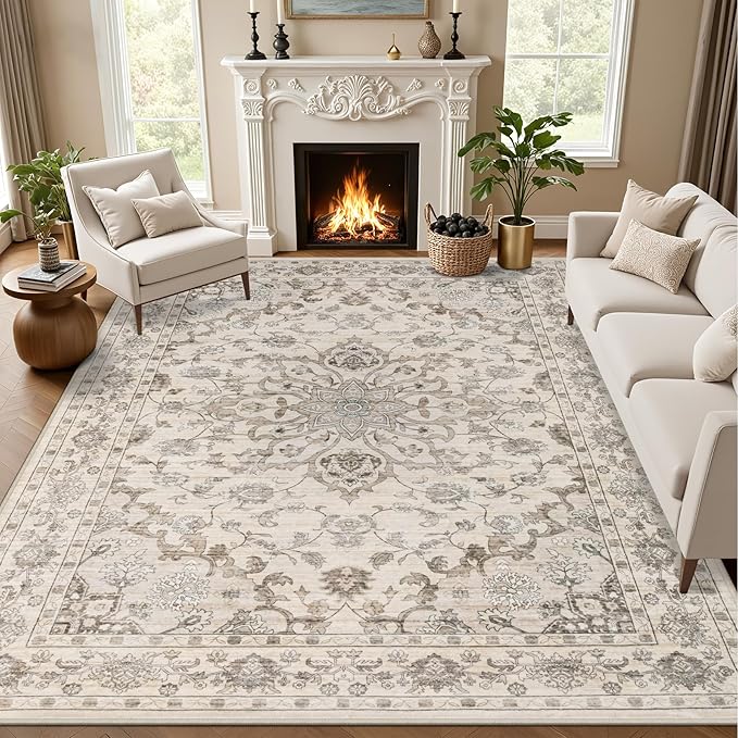 Area Rugs 10x14 Living Room Rug: Washable Rug Soft Vintage Distressed Floral by EXPEDIX