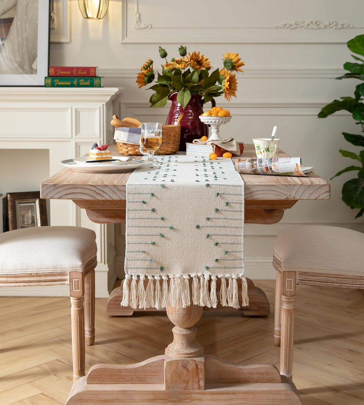 Caflife Green Beige Cotton Linen Rustic Boho Table Runner 13 x 90 Inch Long