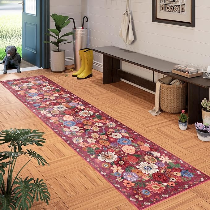 Floral Hallway Runner Carpet Non-Slip, 2x10 Washable Rug Ultra-Thin Soft - Image 2