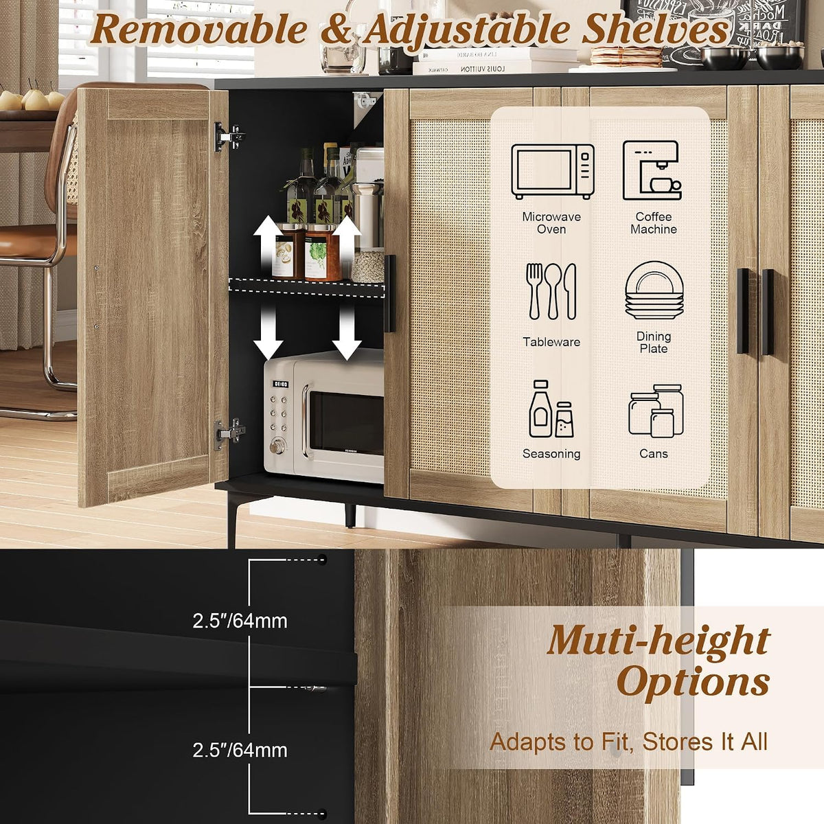 JASIWAY Sideboard Buffet Cabinet with Storage, 48" Rattan Coffee Bar