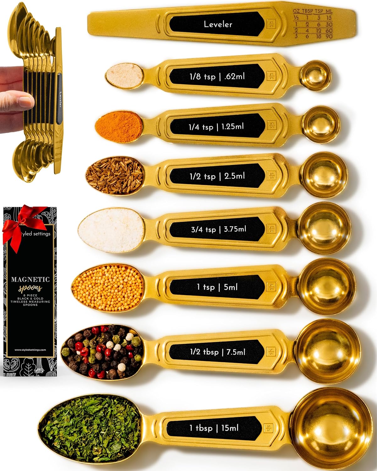 Gold Magnetic Measuring Spoons with Leveler - Featuring 8-Piece Upgraded Style, Dual-Sided, Stackable, Stainless Steel Gold Measuring Spoons Set - Fits in Spice Jars, Luxury Kitchen Accessories