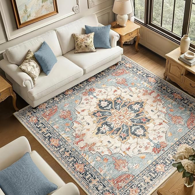 Area Rugs Square 6ft Washable Non-Slip, Floral Vintage Distress Print Pattern by RELEANY