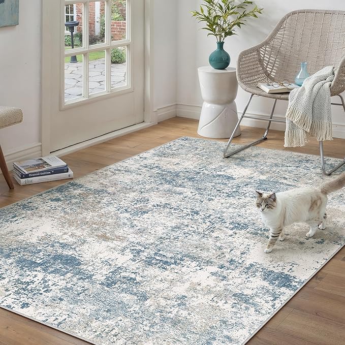 Blue 3x5 Area Rug Washable Abstract Office Carpet Modern Neutral Non Slip by PureCozy