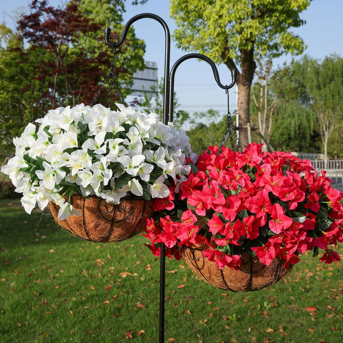 Artificial Hanging Flowers Faux Plants Basket for Outdoors Fall Winter Decor, Fake Silk Bougainvillea in Planter Outdoor Look Real UV Resistant Faux Flower for Outside Porch Patio Garden Home, White