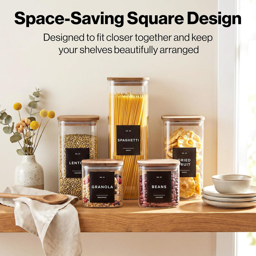 Glass Pantry Storage Jars Containers with Acacia Lids and Labels - Set of 5