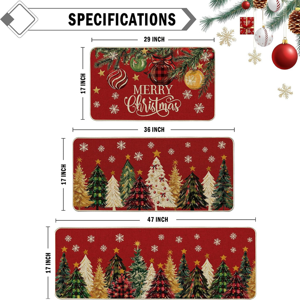 Red Christmas Tree Kitchen Rugs Set of 3, Non Slip Rubber Backing