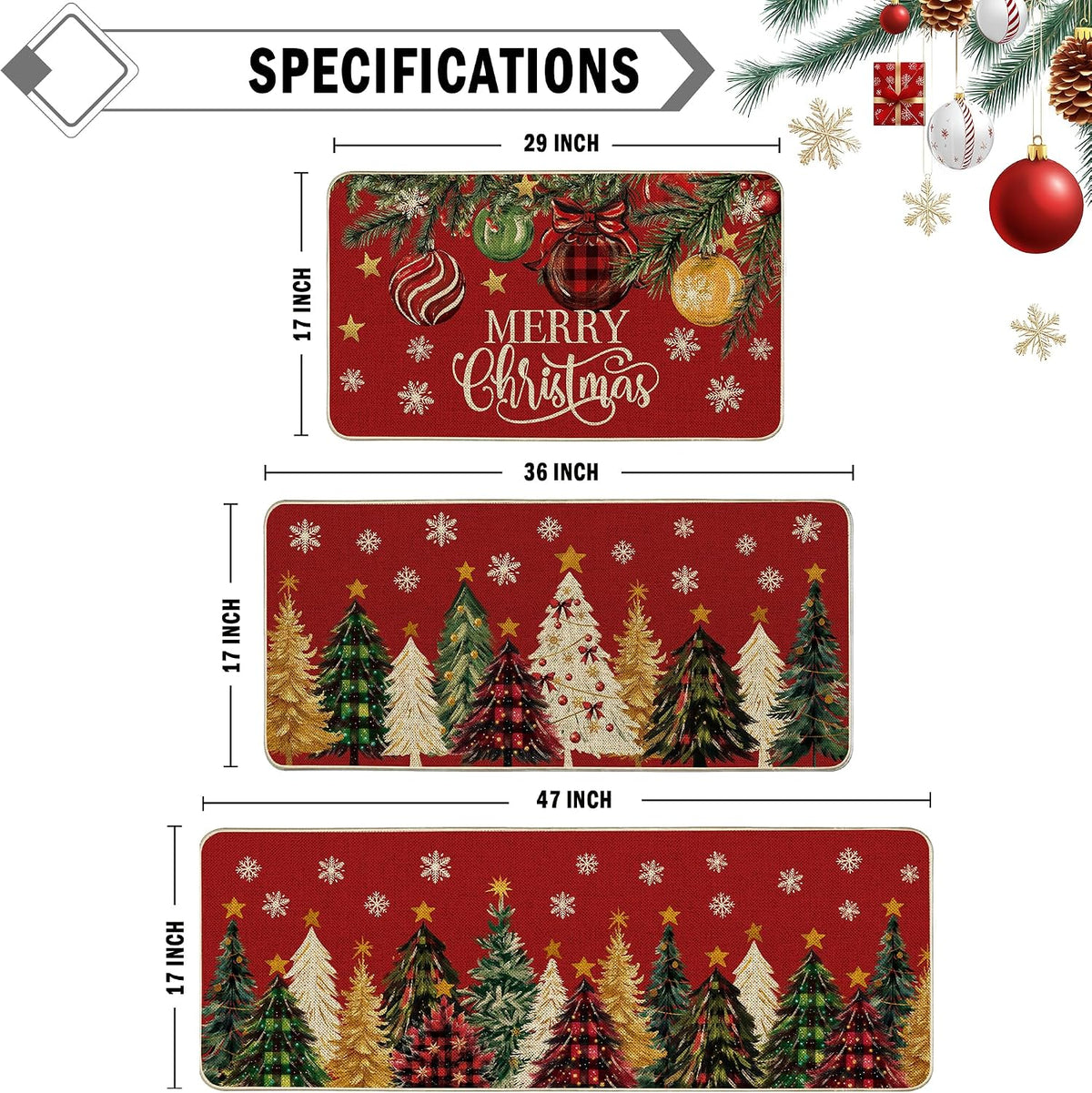 Red Christmas Tree Kitchen Rugs Set of 3, Non Slip Rubber Backing