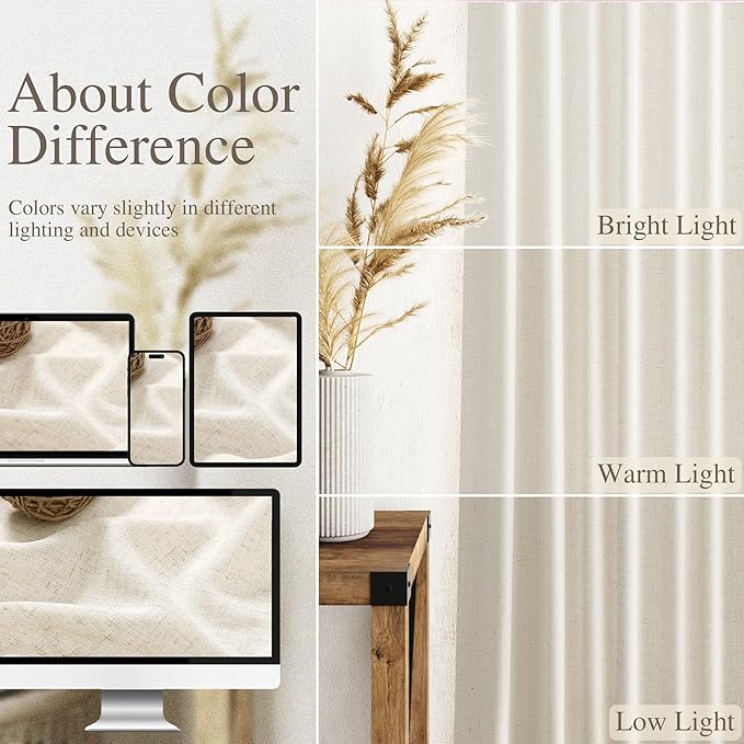 Nanspring Warm Beige Linen Curtains Semi Sheer 96 Inches Long 2 Panels Set - Image 3