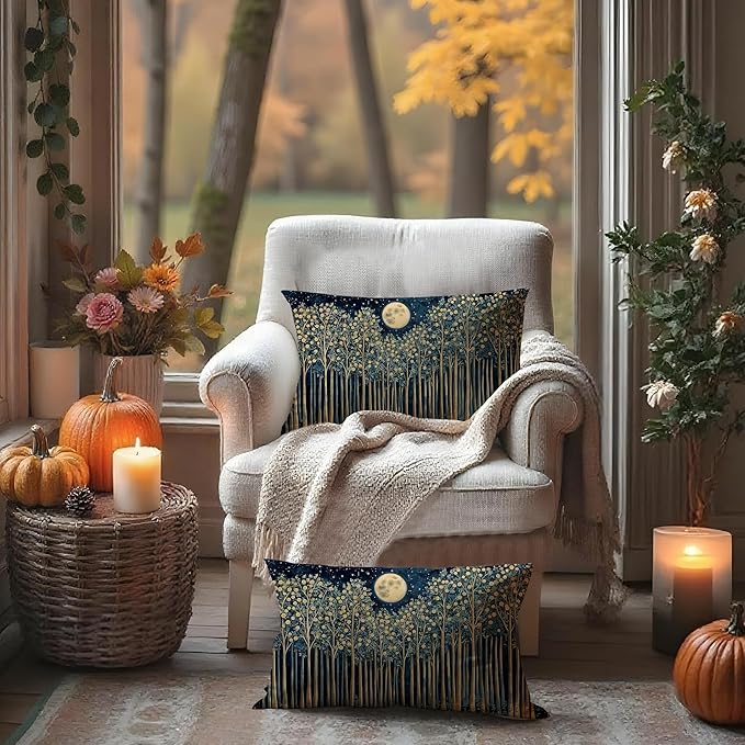 Rustic William Morris Inspired Night Forest Green Moon Decor Pillow Covers - Image 3