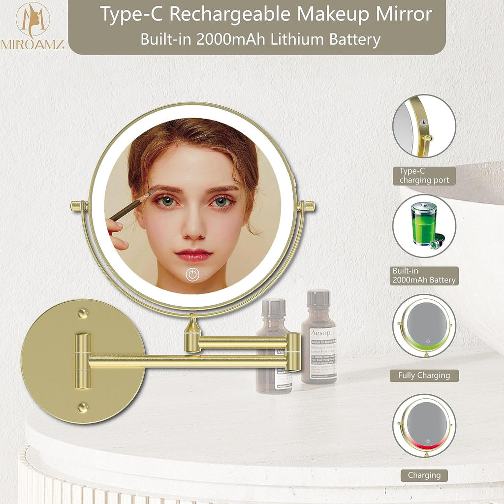8" Wall Mounted Lighted Makeup Mirror, 1X/10X, Gold