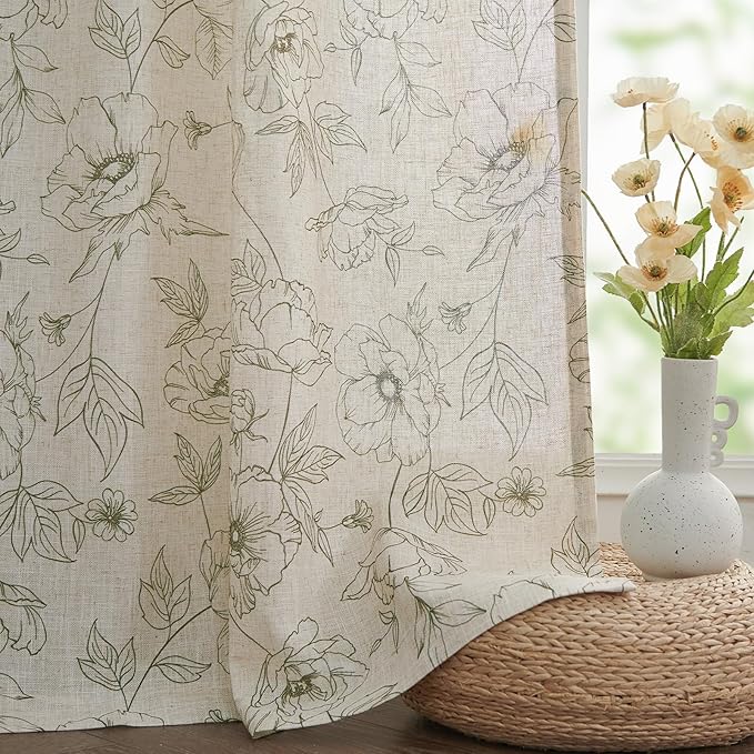 jinchan Floral Linen Curtains for Living Room 96 Inch Length Green Flower - Image 7