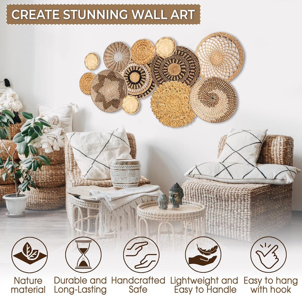 Laquedecraft Basket Wall Decor Set of 12, Natural Handwoven Wicker