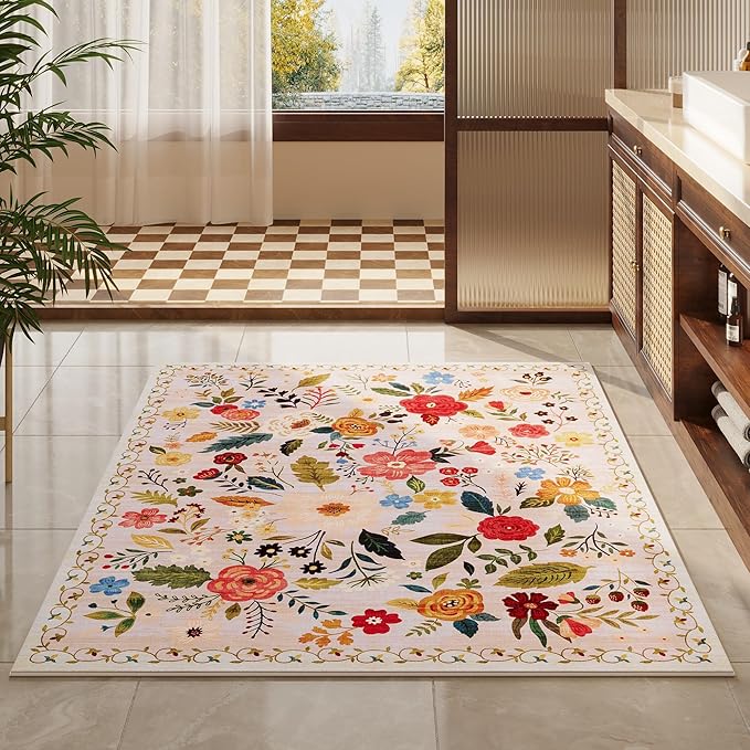 Rugcomf Bedroom Rug 3x5 Rug Washable Area Rug Non Slip Low Pile Boho Floral - Image 7
