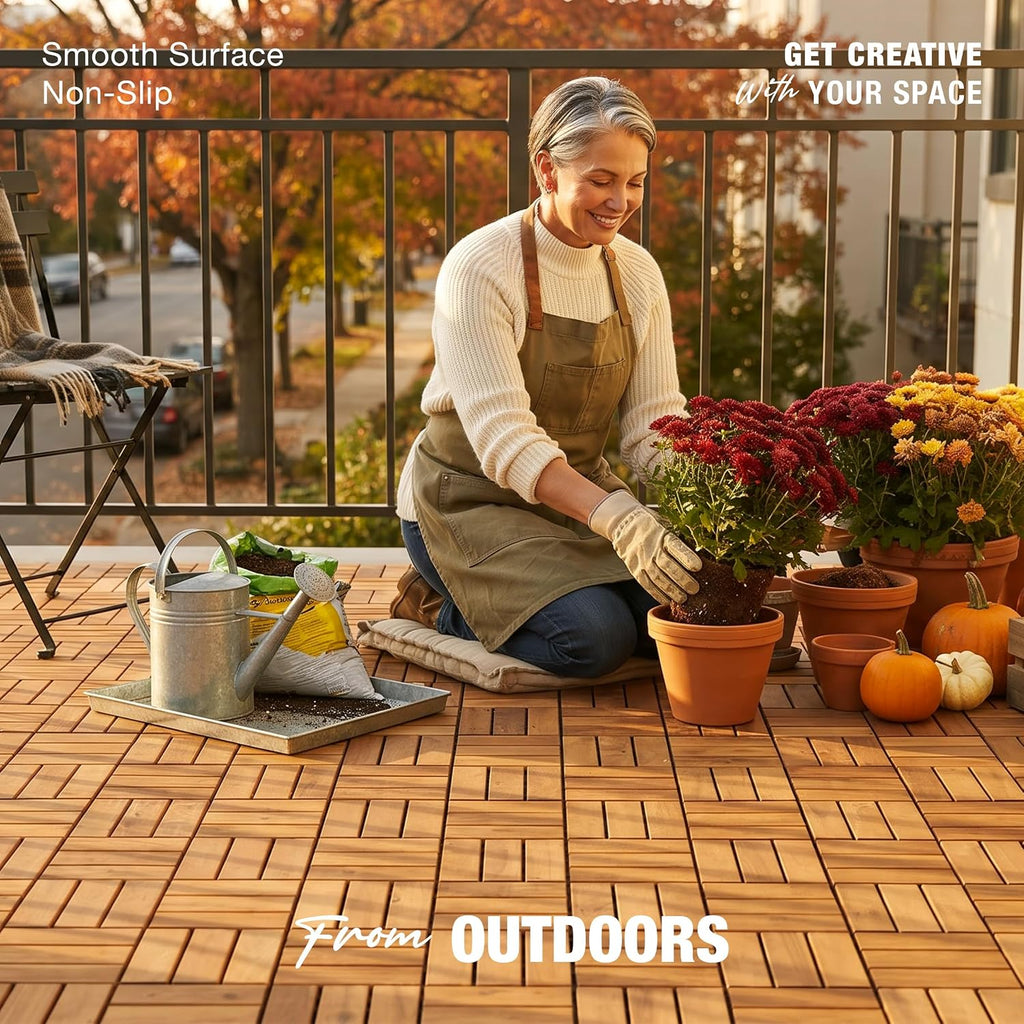 Acacia Wood Interlocking Deck Tiles, Patio & Backyard Tile, 12 in, 9 PCS