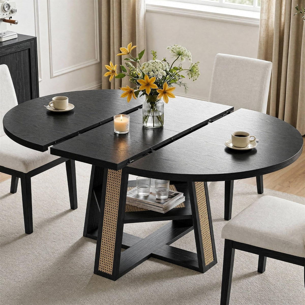 LIKIMIO Dining Table, 43"-59" Extendable Round to Oval with Storage, Black