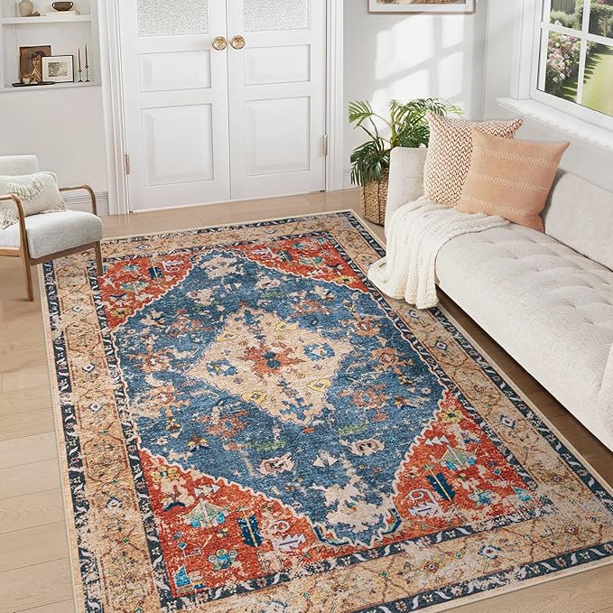 Area Rug 5x7 Washable Rug, Vintage Boho Medallion Rugs Non-Slip Soft Low Pile by VECARF