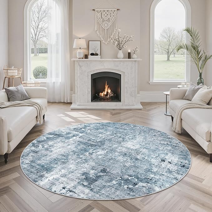 5x5 Blue/Grey Round Rug 5ft Living Room Circle Rug Vintage Round Area Rug Non - Image 4