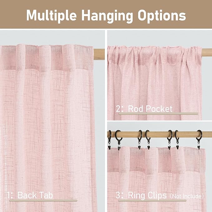 LAMIT Pink Linen Curtains 45 Inch Length 2 Panels, Light Filtering Panels Back - Image 3