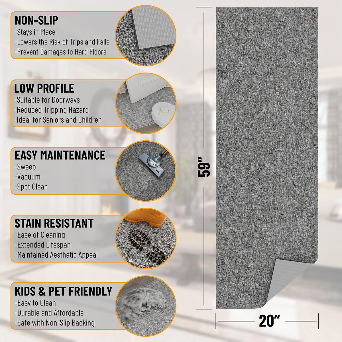 Ottomanson Door Mat Indoor Entryway Runner Rug – Non-Slip Durable Low-Pile Runner with Stain-Resistant Surface, 20" x 59", Gray