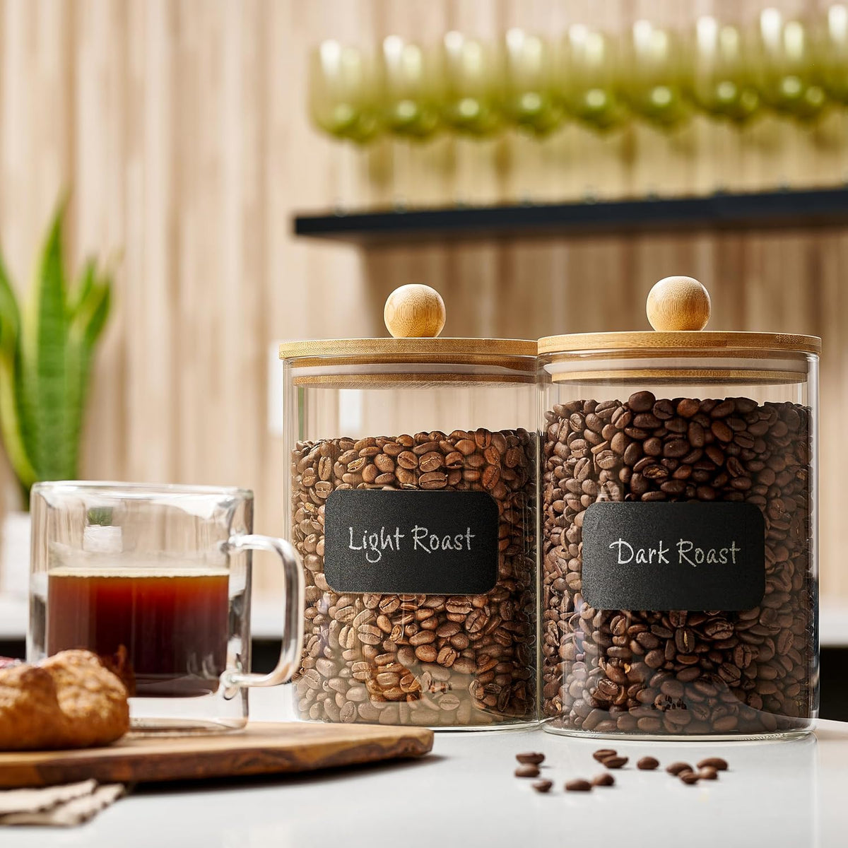 Le'raze Set of 2 Glass Canisters for Kitchen Counter with Airtight Bamboo Lids + Marker & Labels - 68oz. Large Cookie Jars Wooden Lid, Food Storage Containers Pantry, Flour, Sugar, Pasta, Candy.
