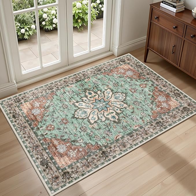 2x3 Area Rugs Living Room Rug: Washable Vintage Distressed Floral Rug No Slip by EXPEDIX