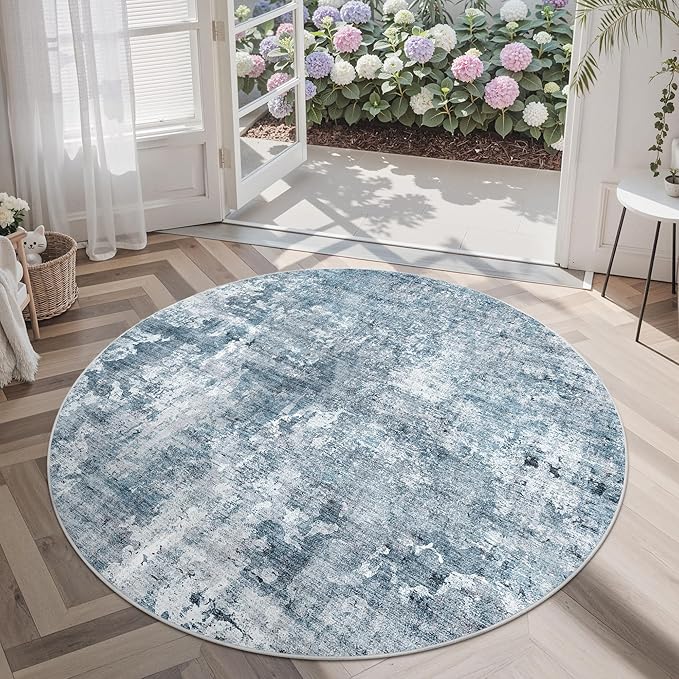 5x5 Blue/Grey Round Rug 5ft Living Room Circle Rug Vintage Round Area Rug Non - Image 3