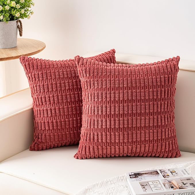 Pack of 2 Corduroy Decorative Throw Pillow Covers 18x18 InchSoft Boho Striped by Unknown