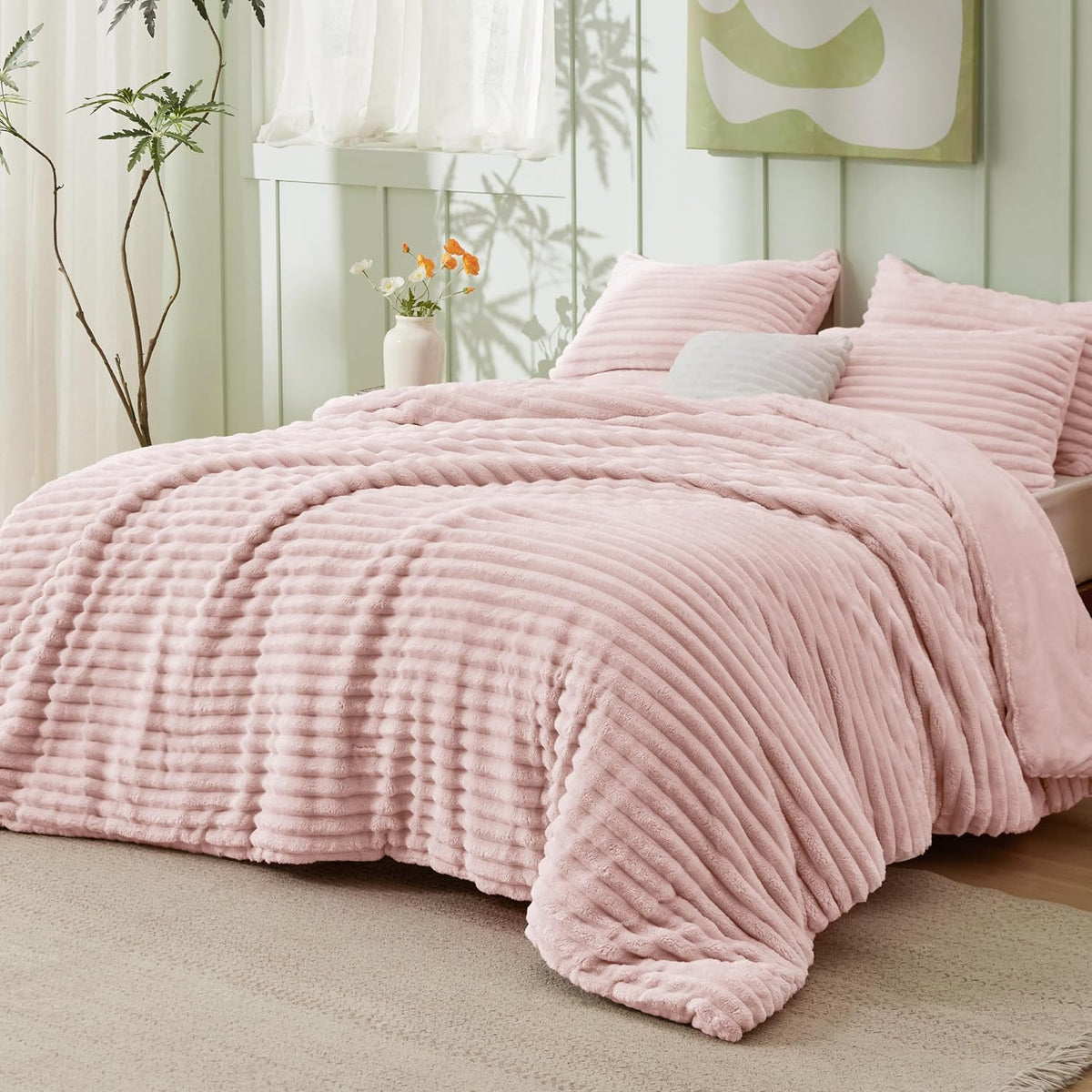 Bedsure Large Queen Fluffy Comforter Set, Cozy Fleece Pink Bedding