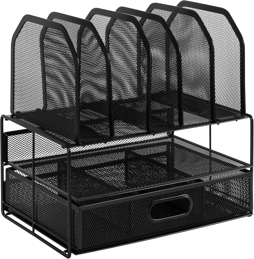 Amazon Basics Mesh Desk Organizer with Sliding Drawer, Double Tray and 5 Upright Sections, File Holder for Office Supplies, Paper Letter Tray, Black